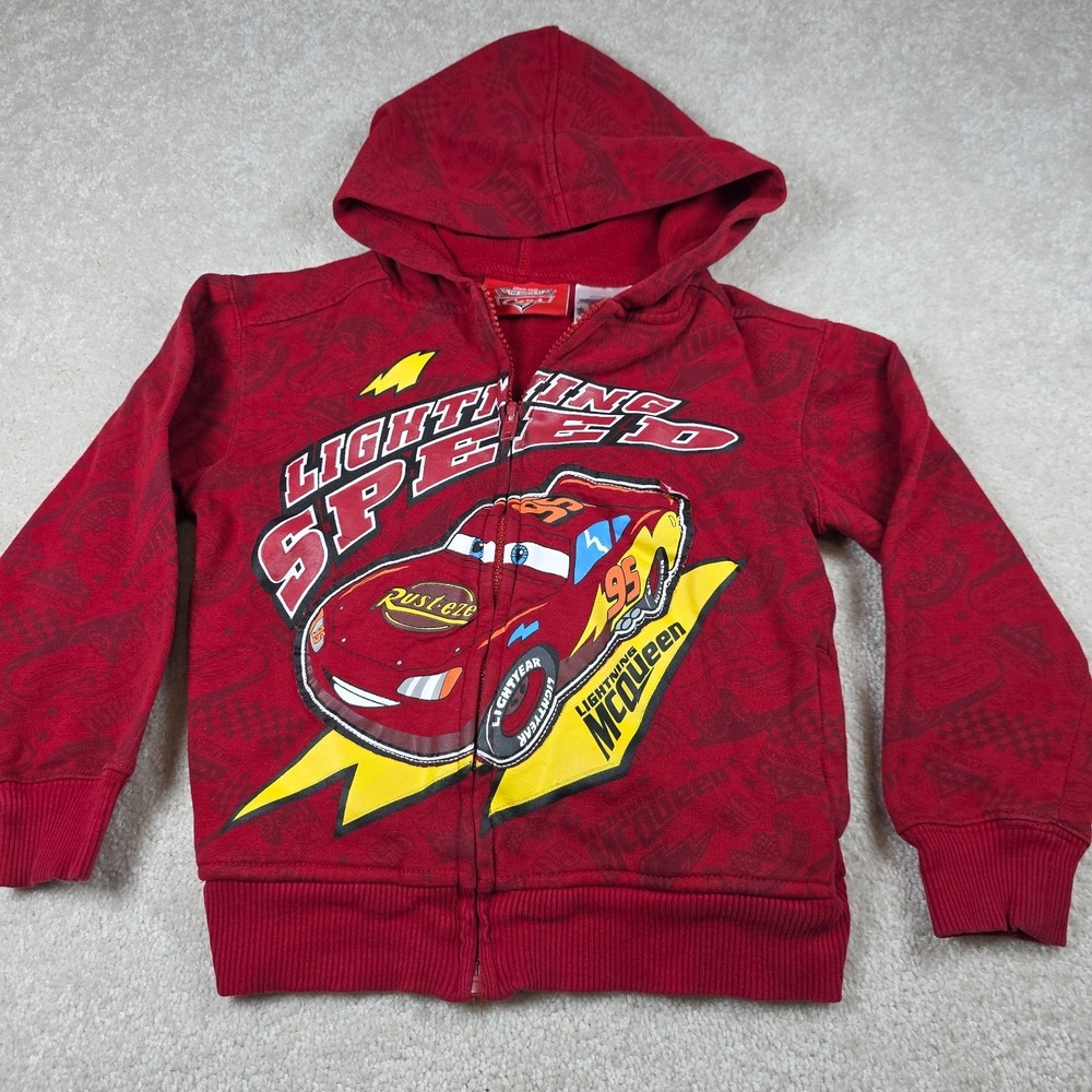Disney Pixar Hoodie Boys 4 Red Fleece Full Zip Graphic Cars Lightning McQueen